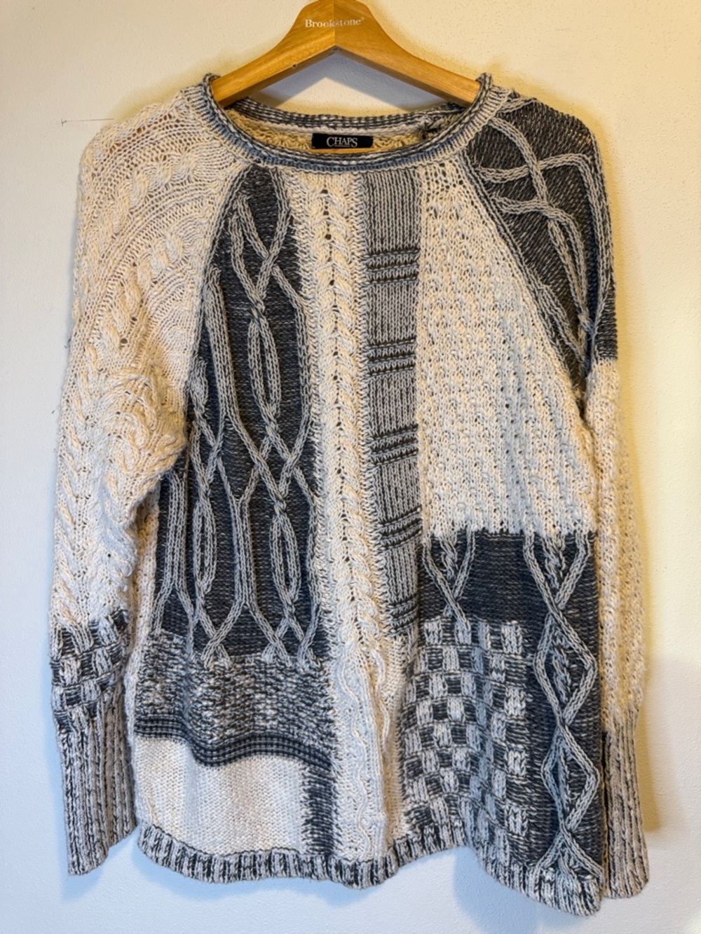 Chaps Two-Tone Cream & Gray Cable Patchwork Crewneck Sweater